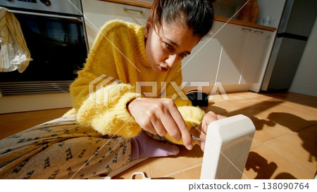 Female Craftsperson Skillfully Fitting Leg Into Table Structure With Focused Dedication And Steady Hands Female Craftsperson Skillfully Fitting Leg Into Table Structure With Focused Dedication And Steady Hands 138090764