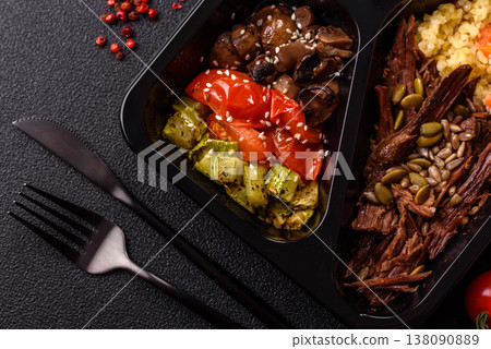 A bowl with beef, porridge, mushrooms, vegetables, sauce, and spices. Beef bowl A bowl with beef, porridge, mushrooms, vegetables, sauce, and spices. Beef bowl 138090889