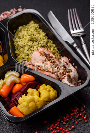 A bowl with chicken or turkey, porridge, vegetables, sauce, and spices. A meat bowl A bowl with chicken or turkey, porridge, vegetables, sauce, and spices. A meat bowl 138090953