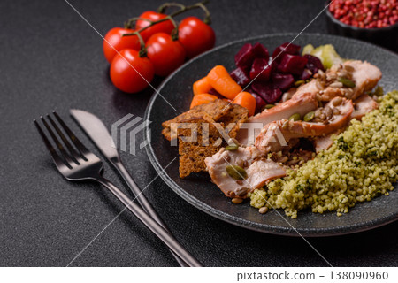 A bowl with chicken or turkey, porridge, vegetables, sauce, and spices. A meat bowl A bowl with chicken or turkey, porridge, vegetables, sauce, and spices. A meat bowl 138090960