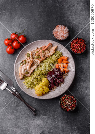 A bowl with chicken or turkey, porridge, vegetables, sauce, and spices. A meat bowl A bowl with chicken or turkey, porridge, vegetables, sauce, and spices. A meat bowl 138090970