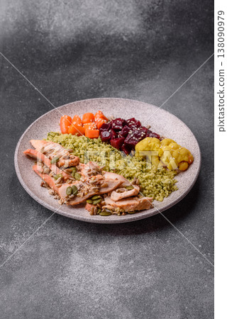 A bowl with chicken or turkey, porridge, vegetables, sauce, and spices. A meat bowl A bowl with chicken or turkey, porridge, vegetables, sauce, and spices. A meat bowl 138090979