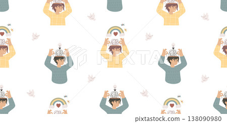 Seamless Pattern of Women Untangling Thoughts on White Background. Mental Health, Mindfulness Process and Finding Clarity Concept. Vector Flat Illustration. Horizontal Template Not AI Seamless Pattern of Women Untangling Thoughts on White Background. Mental Health, Mindfulness Process and Finding Clarity Concept. Vector Flat Illustration. Horizontal Template Not AI 138090980