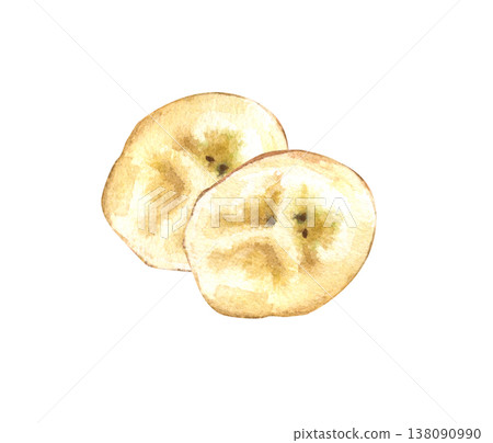 Watercolor illustration with round pieces of peeled banana on an isolated background. Realistic clipart with pieces of ripe fruit for decorating baby food, pastries and healthy food products. Watercolor illustration with round pieces of peeled banana on an isolated background. Realistic clipart with pieces of ripe fruit for decorating baby food, pastries and healthy food products. 138090990