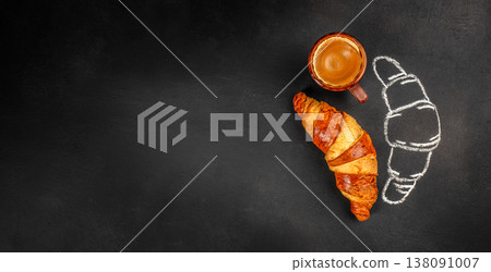 Croissant and espresso with chalk croissant outline on black background, top view, copy space Croissant and espresso with chalk croissant outline on black background, top view, copy space 138091007