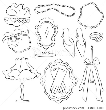 Hand-drawn wedding decor elements such as wedding rings, brides shoes, mirror, candle, bow, seashell, pearl beads, rococo lamp Hand-drawn wedding decor elements such as wedding rings, brides shoes, mirror, candle, bow, seashell, pearl beads, rococo lamp 138091400