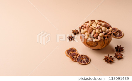 A mix of cashews, pistachios, almonds, brazil nuts and hazelnuts. Nuts as a food background 138091489