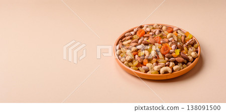 A mix of nuts and dried fruits as ingredients for a healthy meal. Nuts and dried fruits A mix of nuts and dried fruits as ingredients for a healthy meal. Nuts and dried fruits 138091500