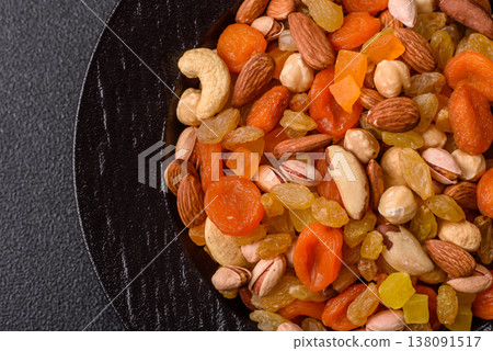 A mix of nuts and dried fruits as ingredients for a healthy meal. Nuts and dried fruits A mix of nuts and dried fruits as ingredients for a healthy meal. Nuts and dried fruits 138091517