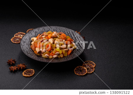 A mix of nuts and dried fruits as ingredients for a healthy meal. Nuts and dried fruits A mix of nuts and dried fruits as ingredients for a healthy meal. Nuts and dried fruits 138091522