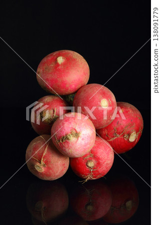 large bunch of fresh radish. Black background. Top view large bunch of fresh radish. Black background. Top view 138091779