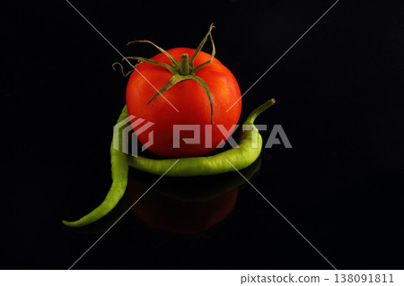 Food black background with tomato and green chili pepper. Food black background with tomato and green chili pepper. 138091811