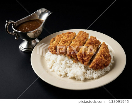 一張日式咖哩飯的照片,上面放著一塊炸豬排,背景是黑色的。 一張日式咖哩飯的照片,上面放著一塊炸豬排,背景是黑色的。 138091945