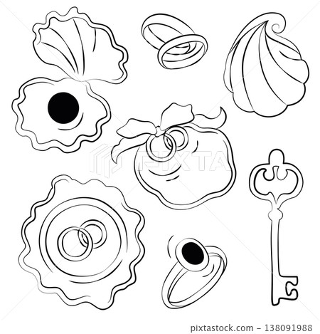 Hand-drawn wedding decor elements and accessories, wedding rings and decorative shells with a pearl, vintage key in line art style Hand-drawn wedding decor elements and accessories, wedding rings and decorative shells with a pearl, vintage key in line art style 138091988