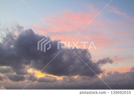 Blurry background of red sunset sky. Dramatic sky with colorful cloud background. Red burning sunset sky. Copy space. 138092010