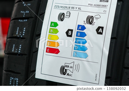 EU Tire Label Showing Fuel Efficiency, Wet Grip Rating and Noise Level on New Car Tire Close-Up 138092032