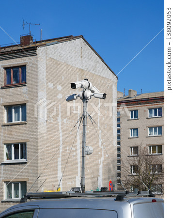 Mobile CCTV surveillance cameras mounted on vehicle in urban area monitoring city environment 138092053