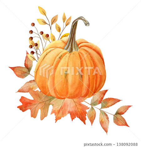 Hand-drawn watercolor orange pumpkin with autumn maple, oak and others leaves and red berries.  138092088