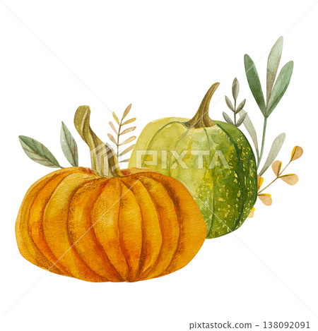 Hand-drawn watercolor orange and green pumpkin with autumn branches. Eco-friendly branding Hand-drawn watercolor orange and green pumpkin with autumn branches. Eco-friendly branding 138092091