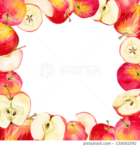 Watercolor hand drawn frame with a juicy red-yellow apples, half of apples, slices Watercolor hand drawn frame with a juicy red-yellow apples, half of apples, slices 138092092