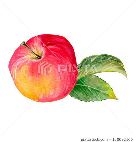 A high-quality, hand-drawn composition with a juicy red apple and two green leaves A high-quality, hand-drawn composition with a juicy red apple and two green leaves 138092100