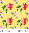 watercolor seamless pattern with juicy red two apples on a branch and pink flower and bud with leaves 138092102