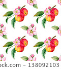 watercolor seamless pattern with juicy red two apples on a branch and pink flower and bud with leaves 138092103
