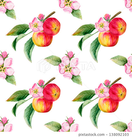 watercolor seamless pattern with juicy red two apples on a branch and pink flower and bud with leaves watercolor seamless pattern with juicy red two apples on a branch and pink flower and bud with leaves 138092103