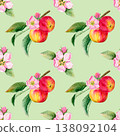 watercolor seamless pattern with juicy red two apples on a branch and pink flower and bud with leaves 138092104