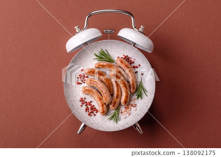Grilled pork or chicken sausages, smoked fried food with salt and spices. Grilled sausages 138092175