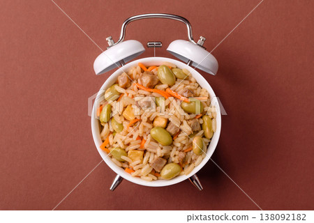Asian food with rice, edamame, carrots, tofu, and spices. Rice with edamame and carrots Asian food with rice, edamame, carrots, tofu, and spices. Rice with edamame and carrots 138092182