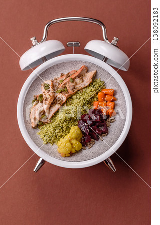 A bowl with chicken or turkey, porridge, vegetables, sauce, and spices. A meat bowl A bowl with chicken or turkey, porridge, vegetables, sauce, and spices. A meat bowl 138092183