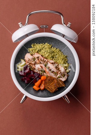 A bowl with chicken or turkey, porridge, vegetables, sauce, and spices. A meat bowl A bowl with chicken or turkey, porridge, vegetables, sauce, and spices. A meat bowl 138092184