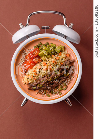 A bowl with beef, porridge, mushrooms, vegetables, sauce, and spices. Beef bowl 138092186