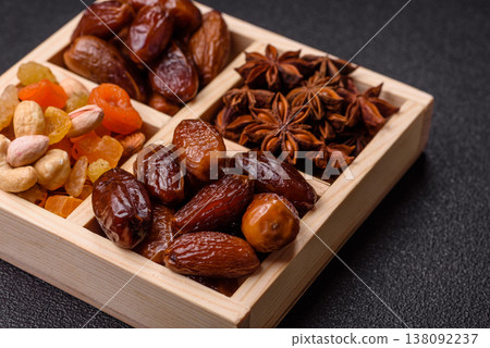 Dried dates on a ceramic plate for Ramadan or Iftar. Dates fruit as a background Dried dates on a ceramic plate for Ramadan or Iftar. Dates fruit as a background 138092237