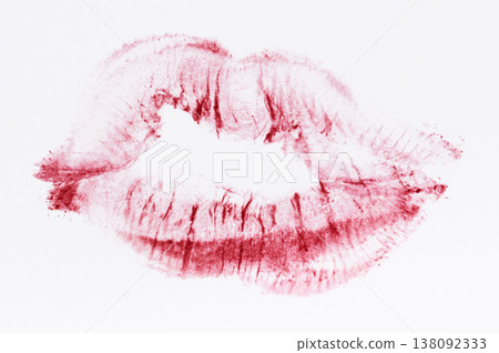 Textured imprint of female lips with bright pink lipstick, detailed skin microrelief 138092333