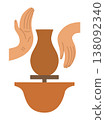 Hands and clay pot on a potters wheel, pottery studio. Color vector illustration on white background. 138092340