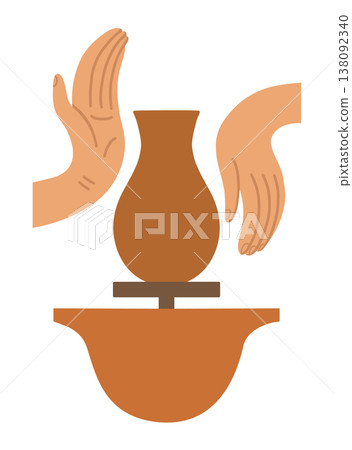 Hands and clay pot on a potters wheel, pottery studio. Color vector illustration on white background. Hands and clay pot on a potters wheel, pottery studio. Color vector illustration on white background. 138092340