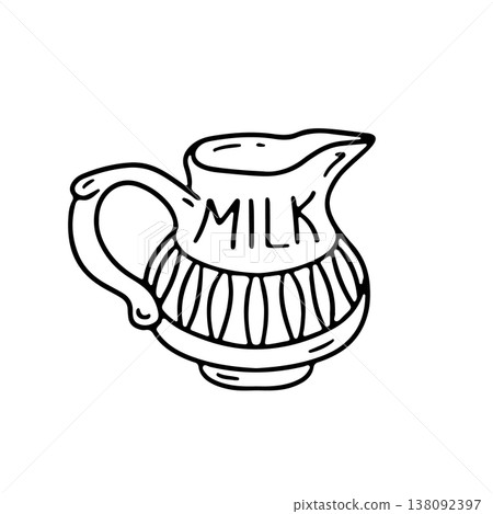 Hand drawn hygge doodle ceramic milk jug icon vector illustration. Cozy kitchen utensils clipart Hand drawn hygge doodle ceramic milk jug icon vector illustration. Cozy kitchen utensils clipart 138092397