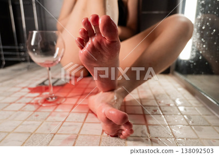 Foot fetish. A woman pours wine from a glass onto her feet in the shower. Foot fetish. A woman pours wine from a glass onto her feet in the shower. 138092503