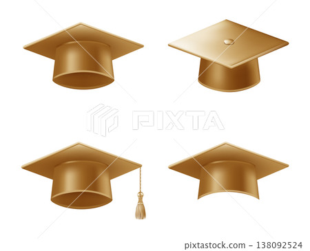 Realistic gold graduate caps set. 3D Graduation Doctoral hat 138092524