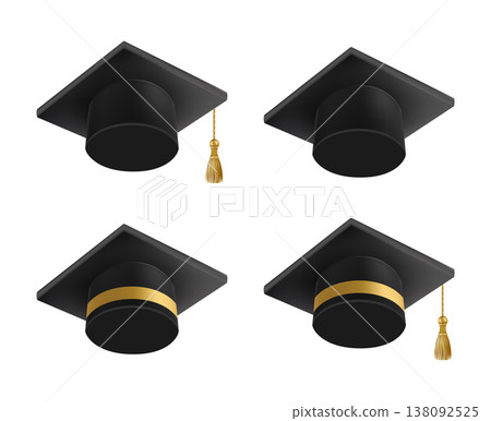 Realistic Black graduate caps set. 3D Graduation Doctoral hat. 138092525
