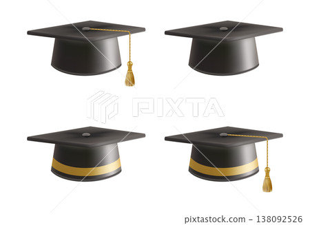 Realistic Black graduate caps set. 3D Graduation Doctoral hat. 138092526