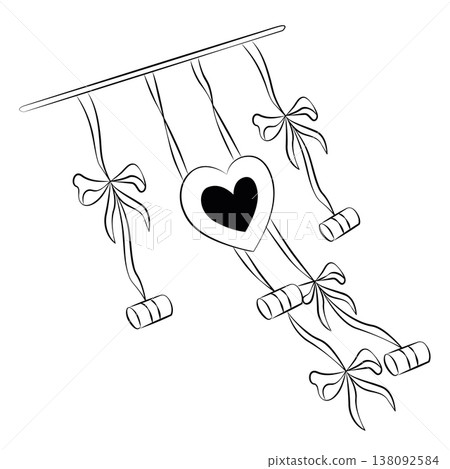 Hand-drawn wedding decor element, just married car sign made of ribbon, bows and cans in doodle line art style Hand-drawn wedding decor element, just married car sign made of ribbon, bows and cans in doodle line art style 138092584