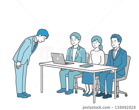 一名男子在面試中向面試官鞠躬。小組面試。求職。商業插圖。 138092828