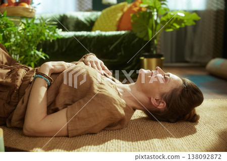 Happy Woman Resting and Practicing Mindfulness at Home Happy Woman Resting and Practicing Mindfulness at Home 138092872