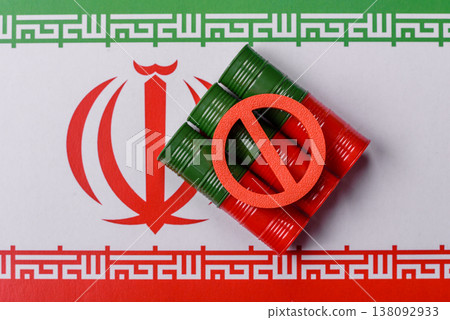 Barrels of oil, gas, or chemicals bearing the Iranian flag and a ban sign. Barrels of Iranian oil 138092933