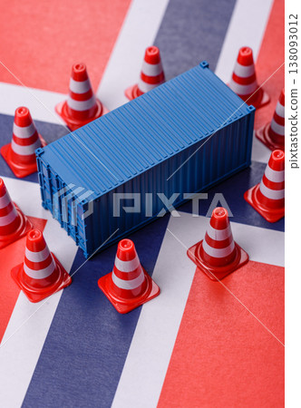 The cargo container ban on the Norwegian flag as a conceptual backdrop. The cargo container embargo The cargo container ban on the Norwegian flag as a conceptual backdrop. The cargo container embargo 138093012