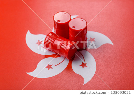 Metal barrels of oil, gas, or chemicals on the hong kong flag. Barrels of oil 138093031