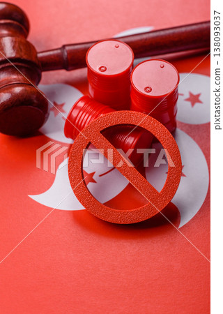 Barrels of oil, gas, or chemicals on the hong kong flag and a ban sign. Barrels of hong kong oil 138093037